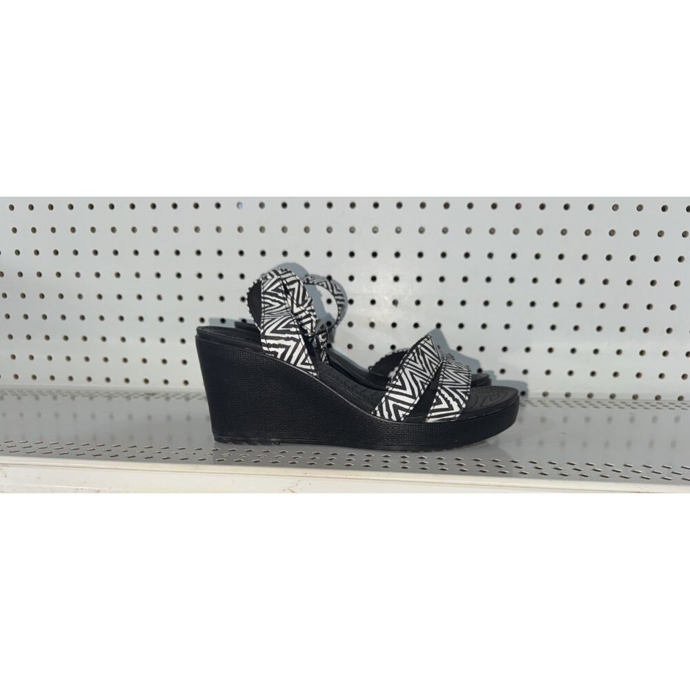 CROCS Black Wedge Sandals with Black & White Geometric Straps